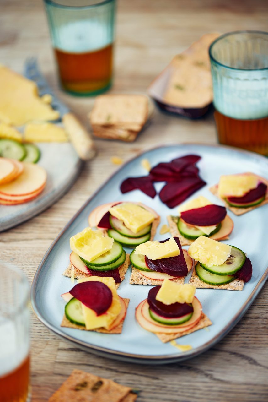 Peters Yard Pumpkin & Sunflower Sourdough Cracker Canapes with Beetroot, Cucumber, Apple and Aged Cheddar Canapes by Morgan McGlynn Carr