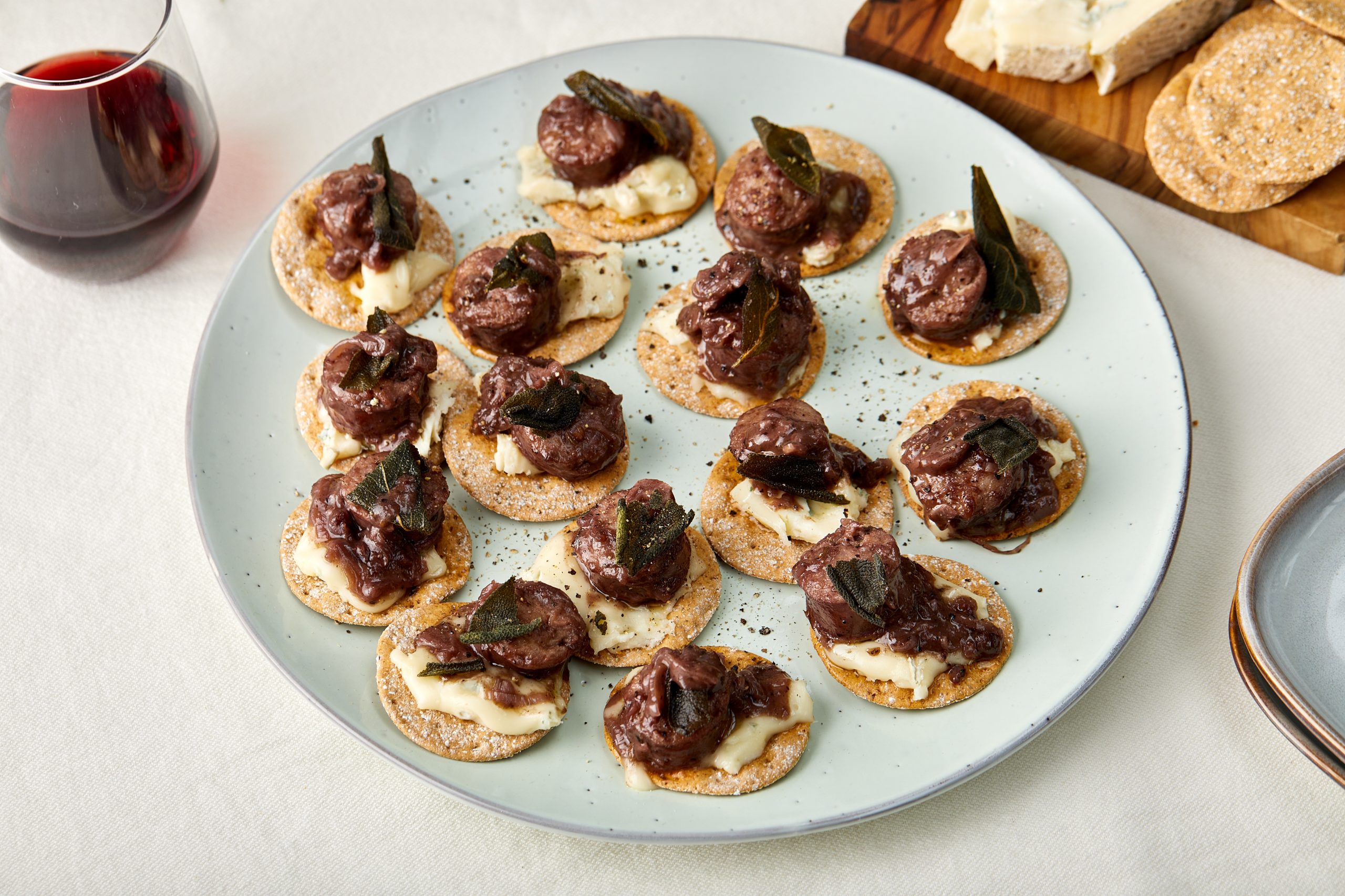 Sausages Canapés with Peter's Yard Original Sourdough Crackers